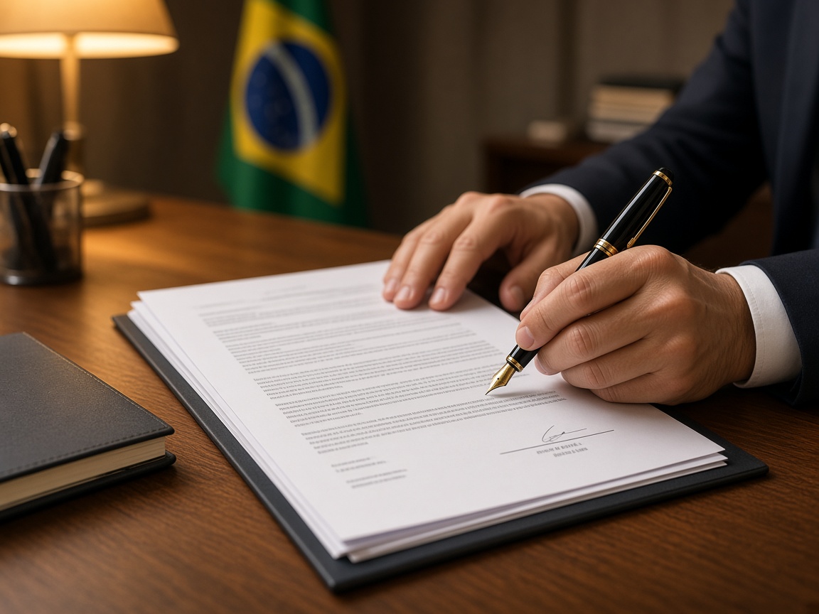Mãos revisando um contrato sobre a mesa, com uma caneta ao lado.