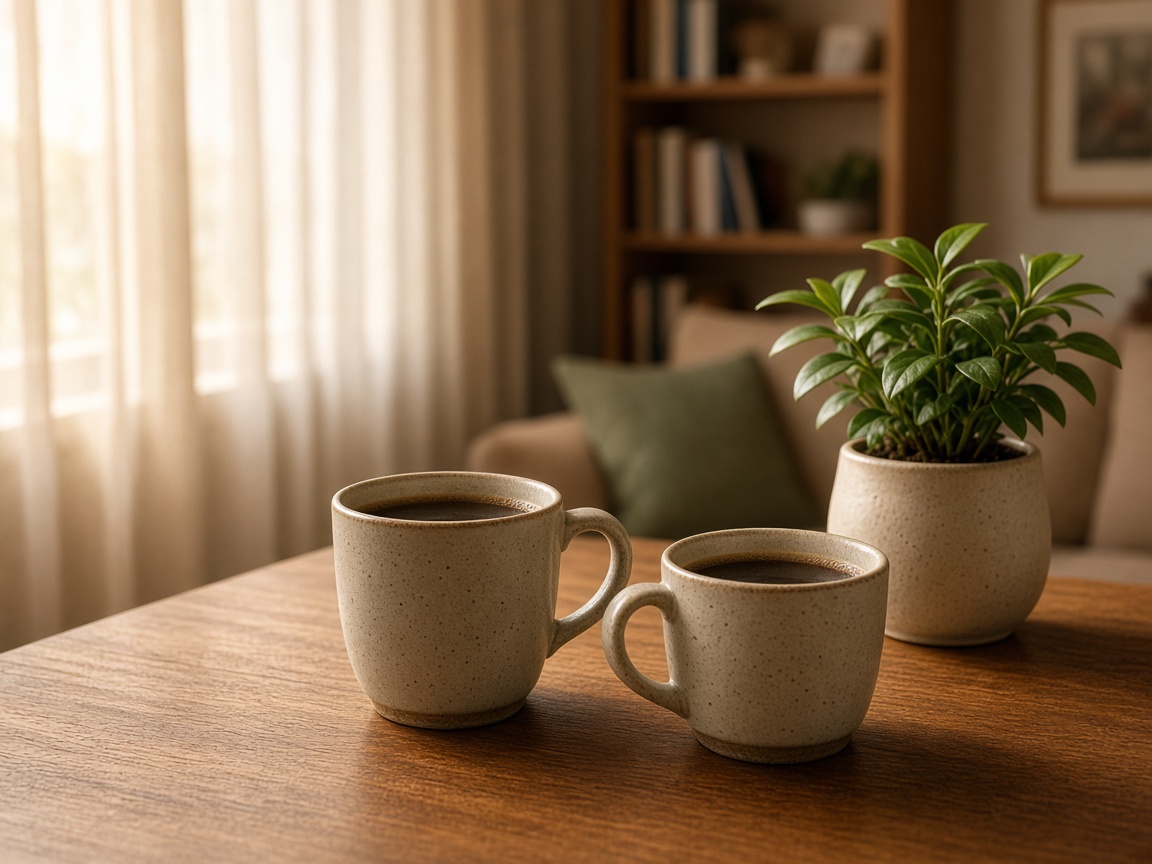 Mesa com duas xícaras de café em um ambiente residencial calmo.